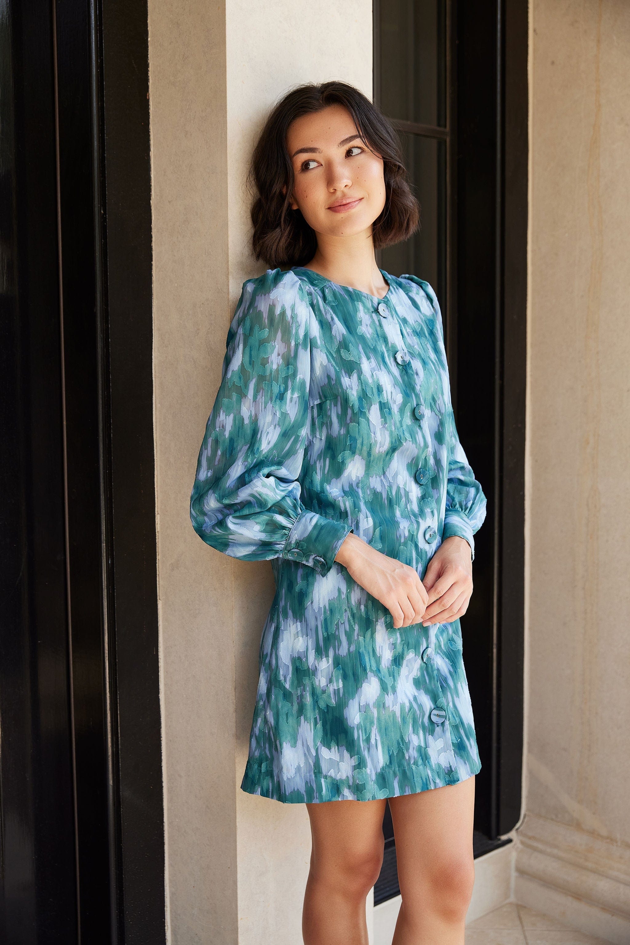 Abbey Glass Dress Ellen Dress Teal Ikat Chiffon