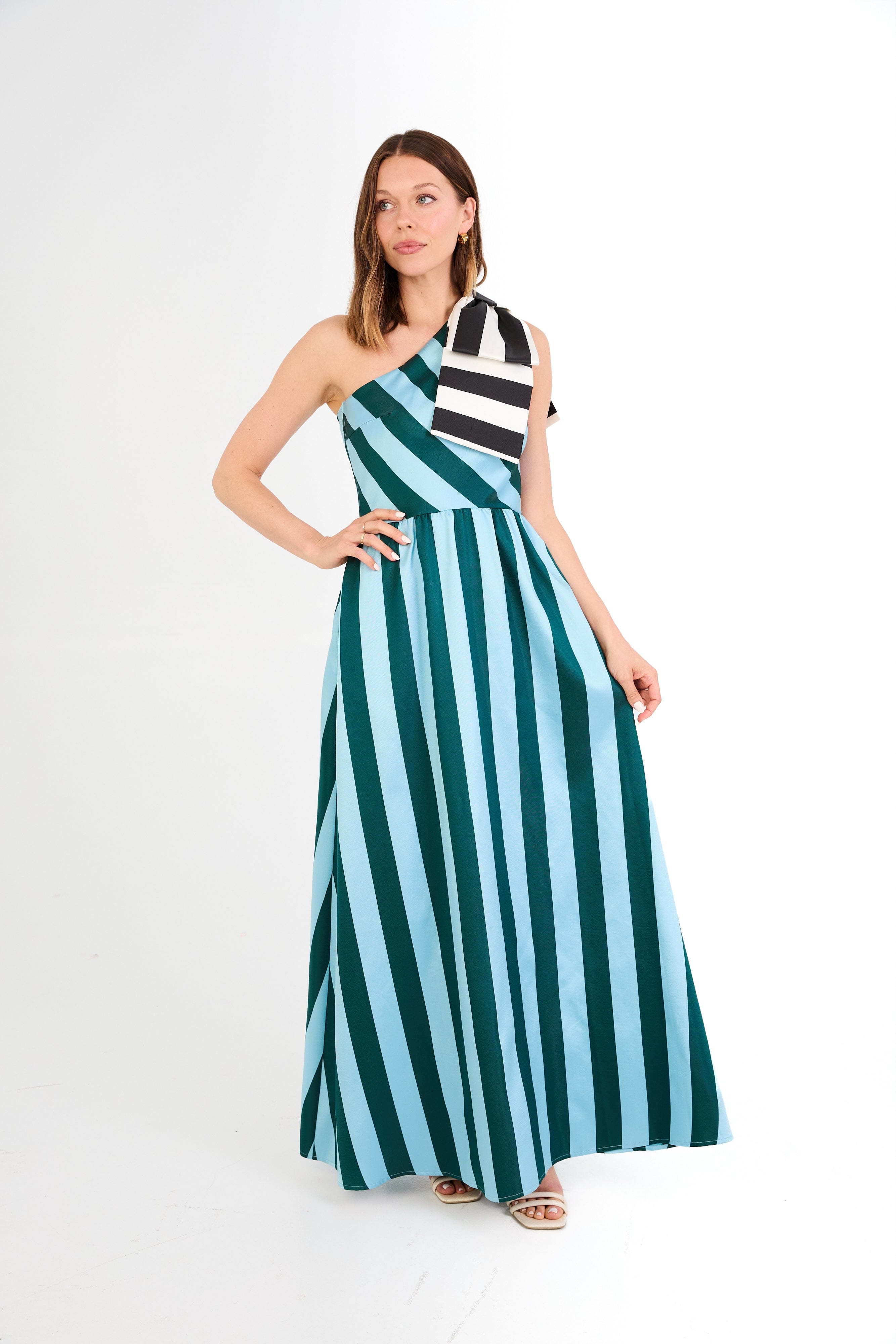 Abbey Glass Dresses Caroline Gown Blue Stripe Mikado