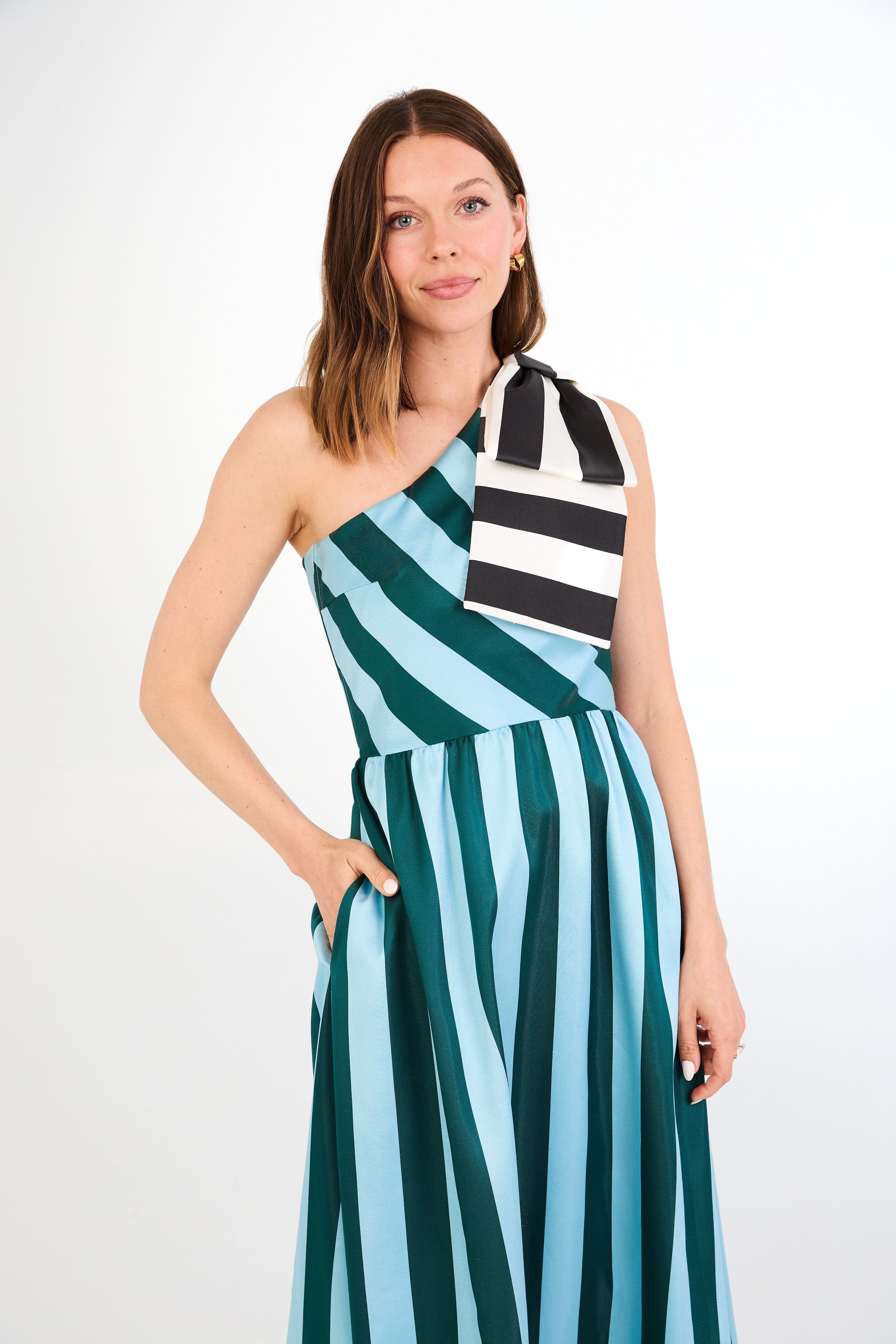 Abbey Glass Dresses Caroline Gown Blue Stripe Mikado