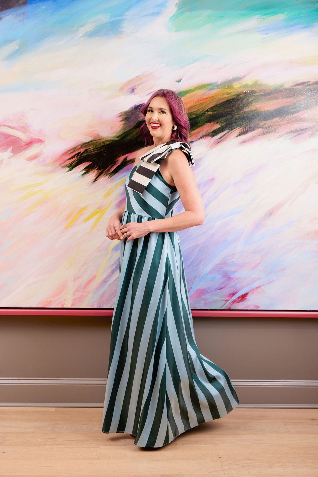 Abbey Glass Dresses Caroline Gown Blue Stripe Mikado