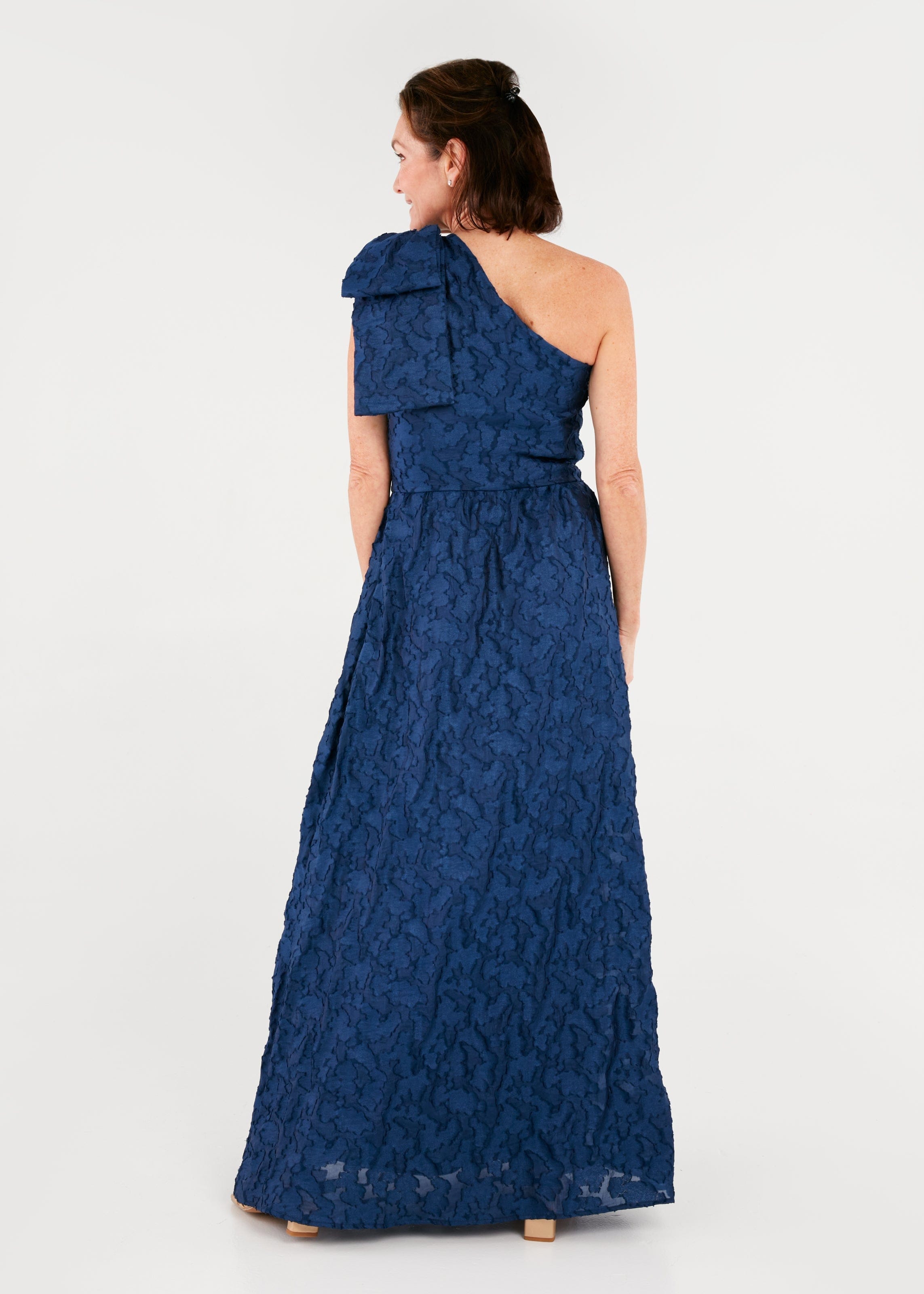 Abbey Glass Dresses Caroline One-Shoulder Gown Navy Organza