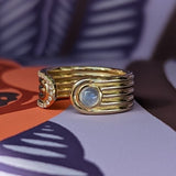 Campbell + Charlotte Found Cabochon Open Ring - Rainbow Moonstone & Diamond