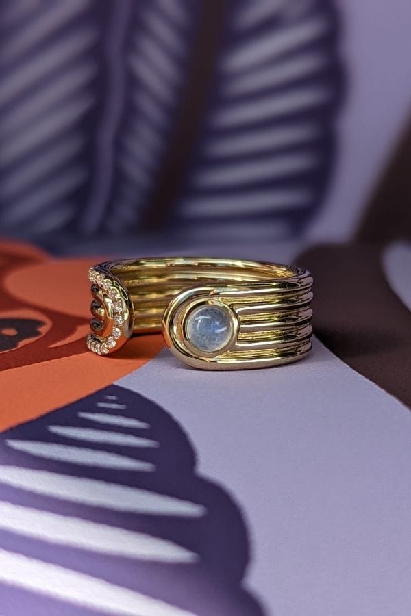 Campbell + Charlotte Found Cabochon Open Ring - Rainbow Moonstone & Diamond