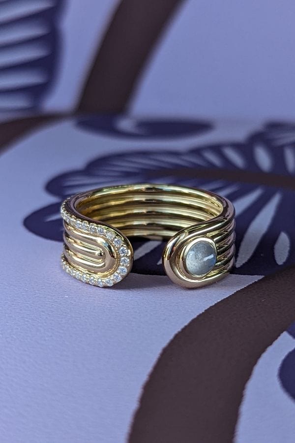 Campbell + Charlotte Found Cabochon Open Ring - Rainbow Moonstone & Diamond