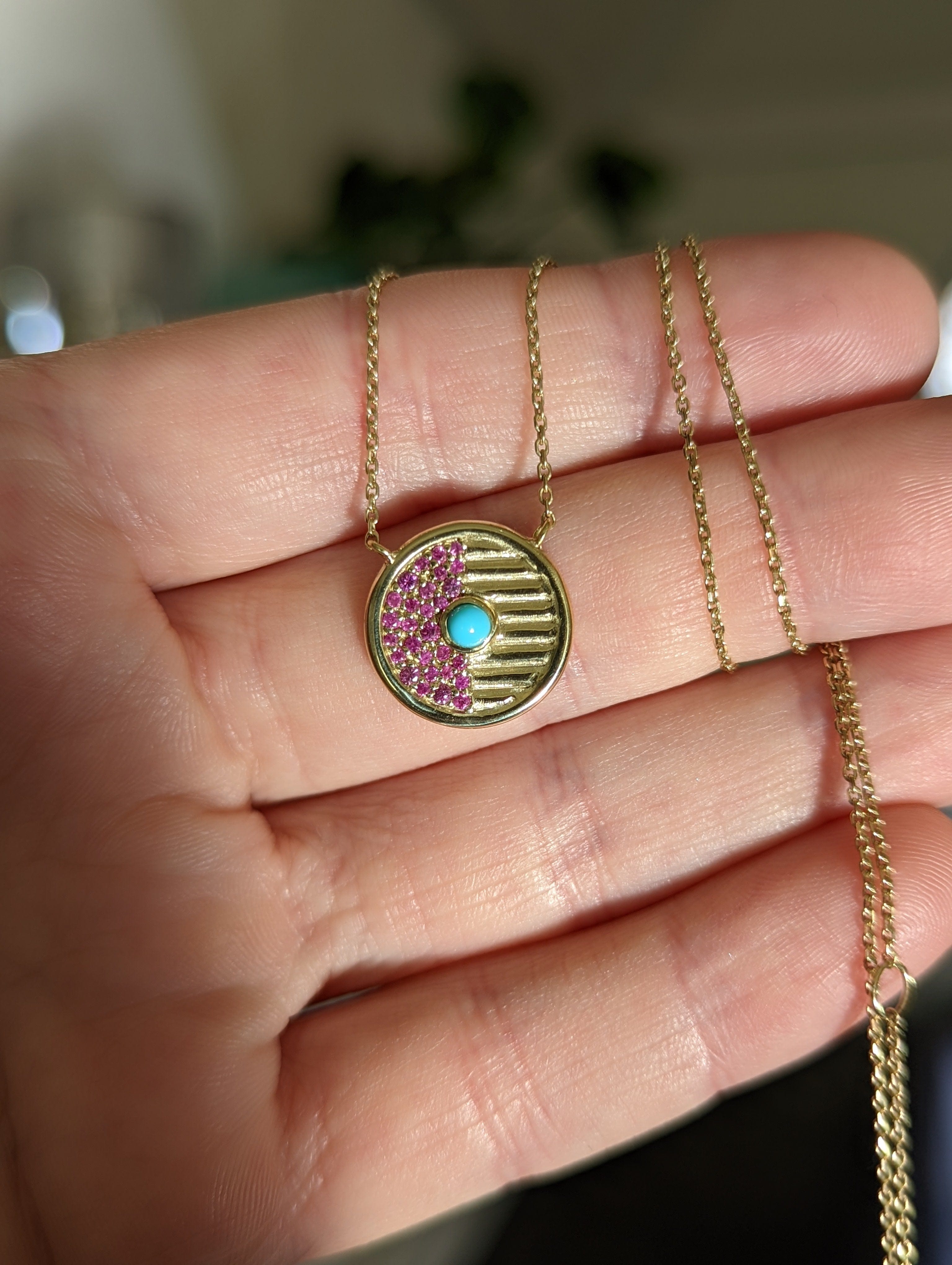 Campbell + Charlotte Found Small Disk Pendant Necklace - Pink Sapphire & Turquoise