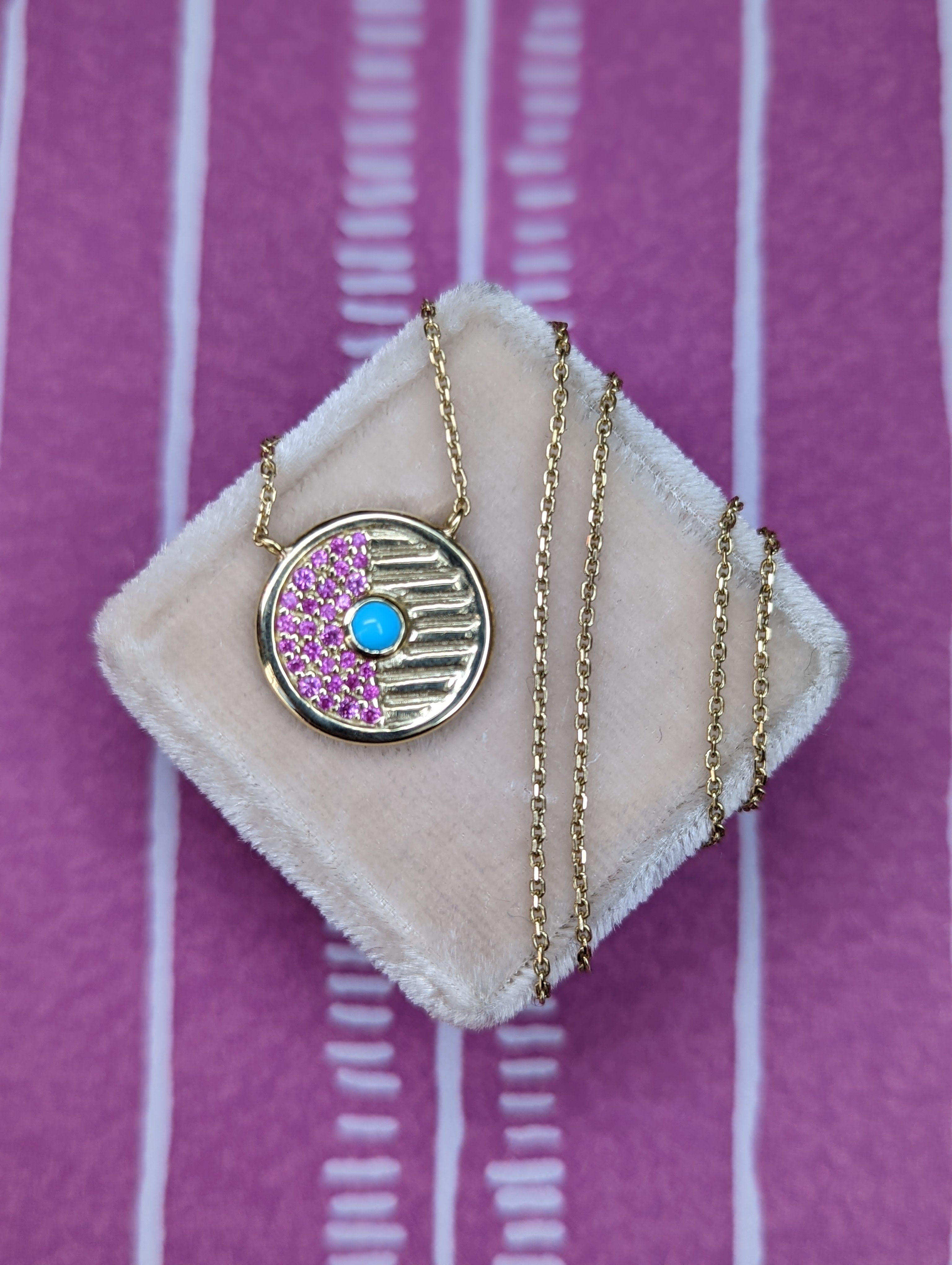 Campbell + Charlotte Found Small Disk Pendant Necklace - Pink Sapphire & Turquoise