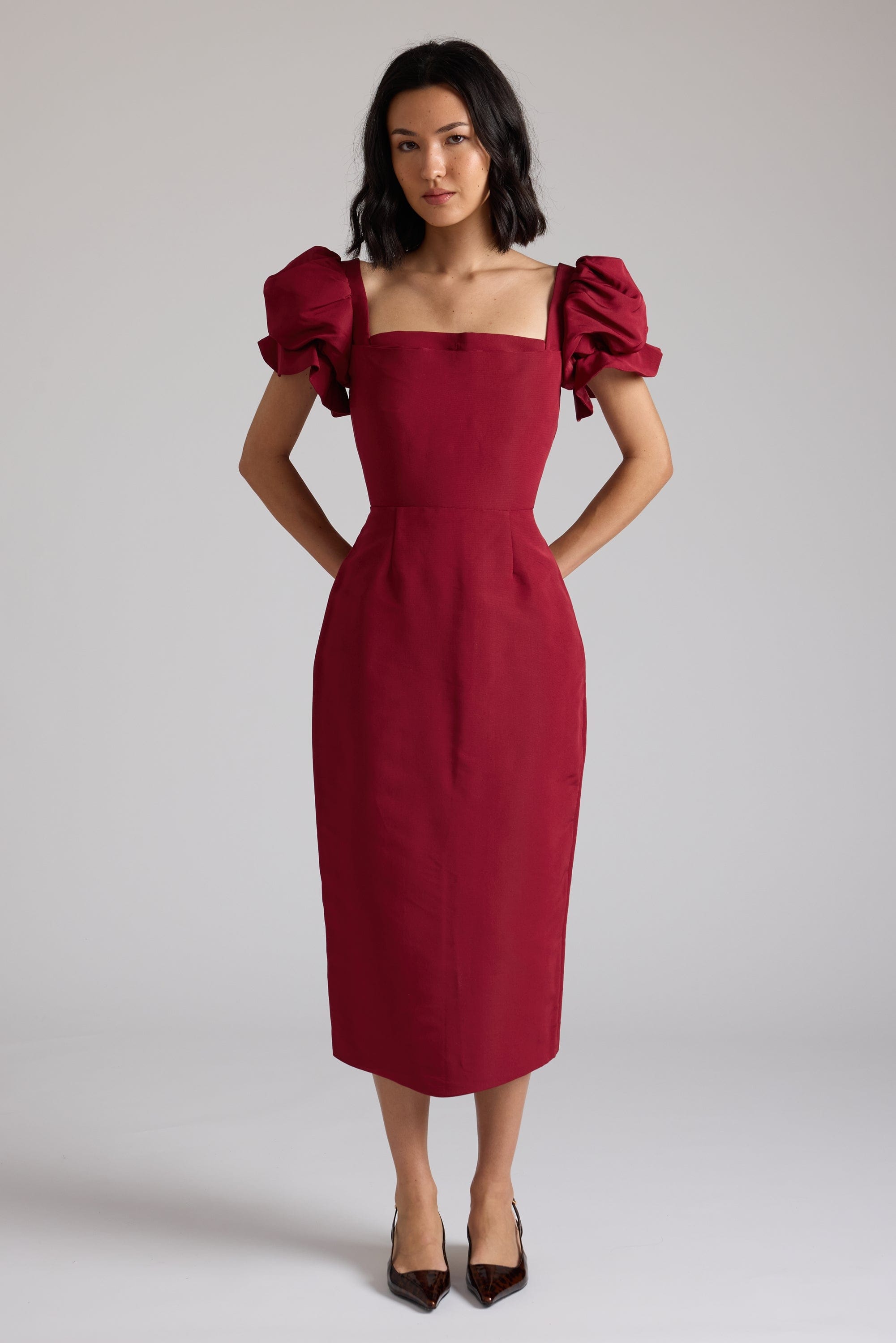 Damaris Bailey Rose Square Neck Silk Midi Dress, Womens, XL, Merlot Damaris Bailey Rose Square Neck Silk Midi Dress, Womens, XL, Merlot