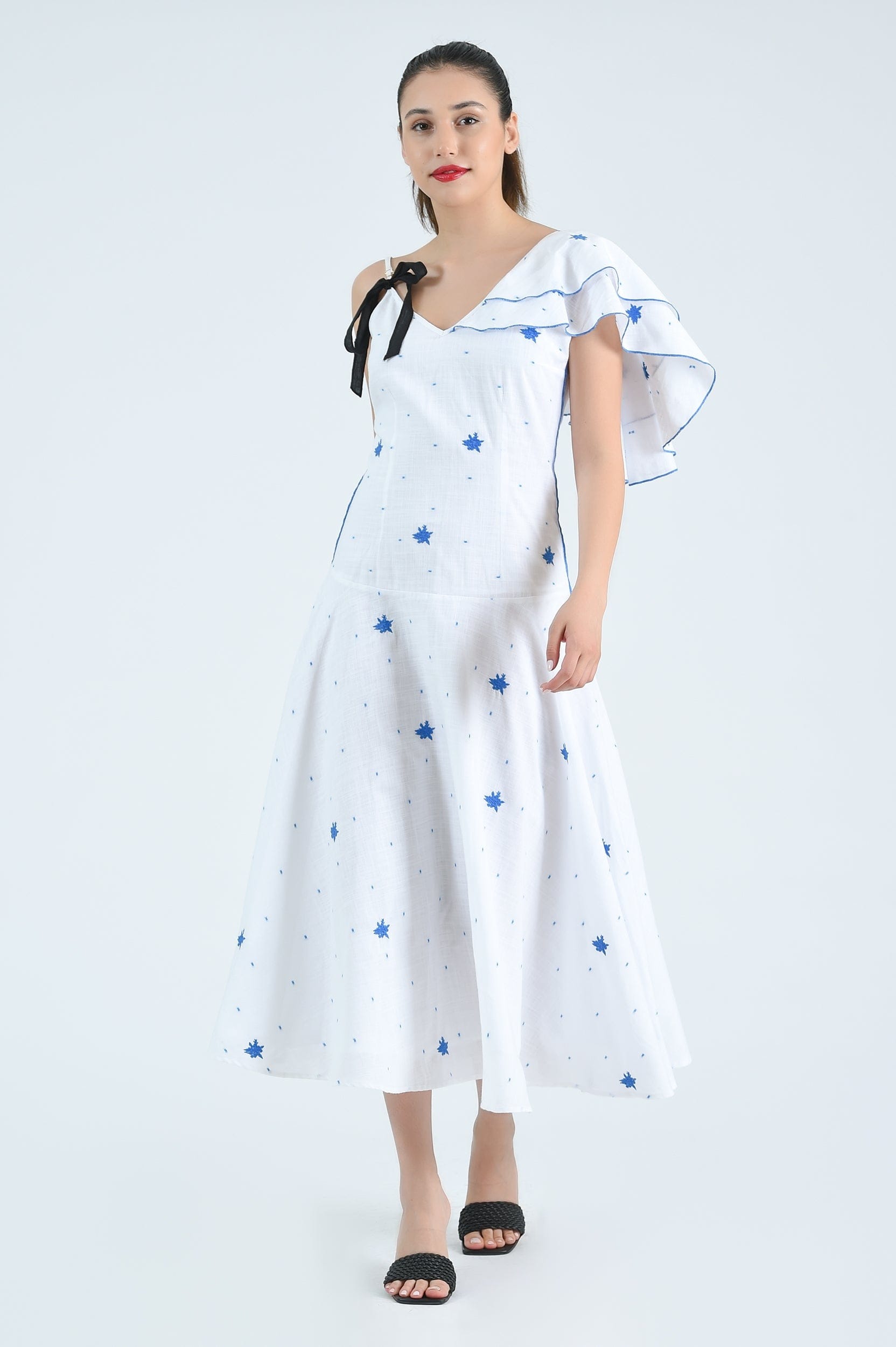 Fanm Mon Dress XXS / White with Blue Swiss Dots Poppy