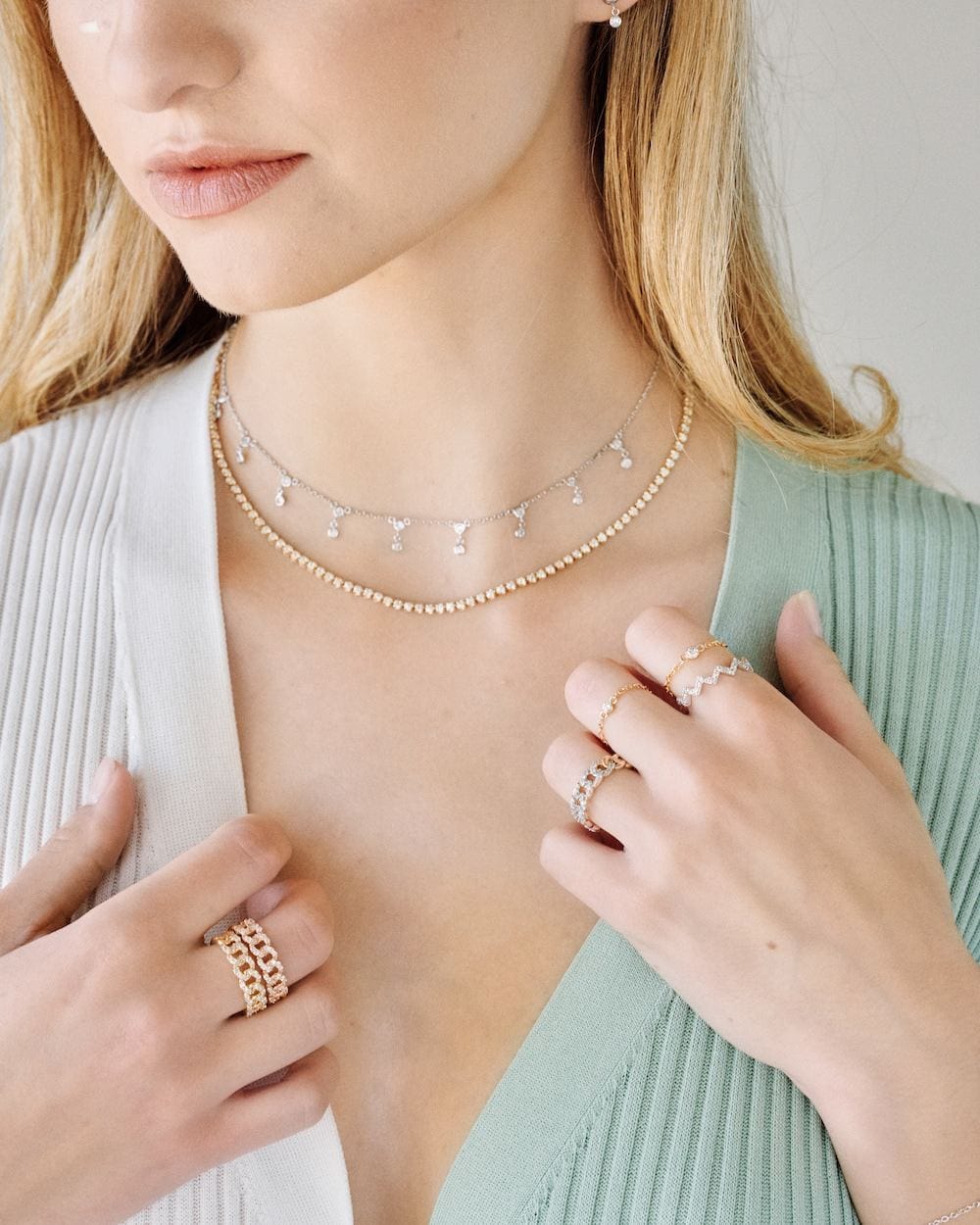 Henri Noël Necklace Double Diamond Drop Station Necklace