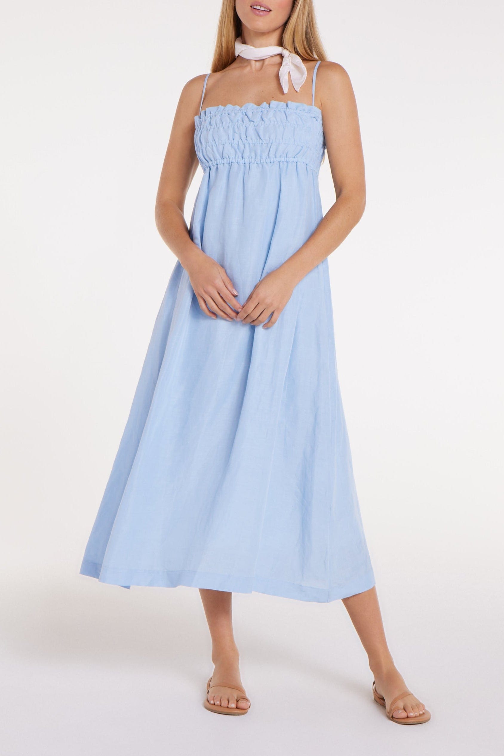 Margot Smocked Spaghetti Strap Midi Dress in Chambray Blue Margot Smocked Spaghetti Strap Midi Dress in Chambray Blue