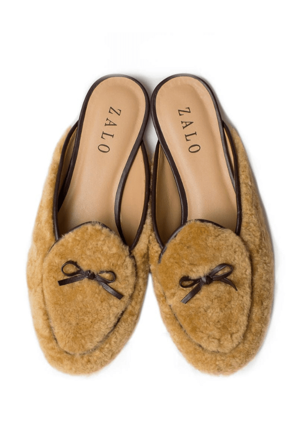 House of Zalo Footwear Bow Mule Shearling Tan