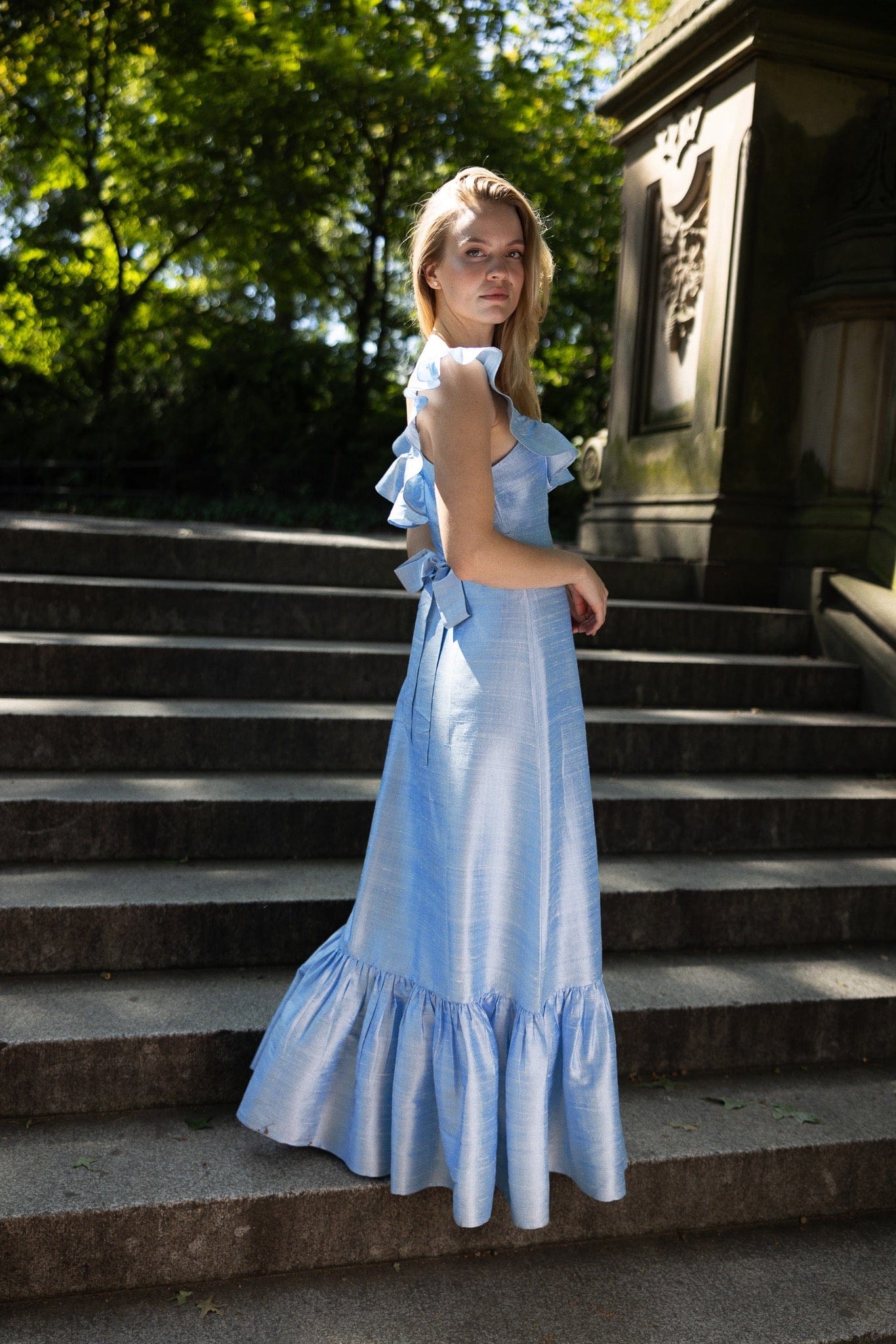 powdered blue dress Mae Premium scuba crepe Louise New York The Camille
