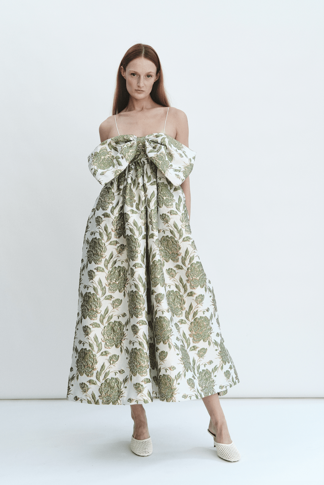 Madeline Marie Dress Bow Gown in Emerald Brocade