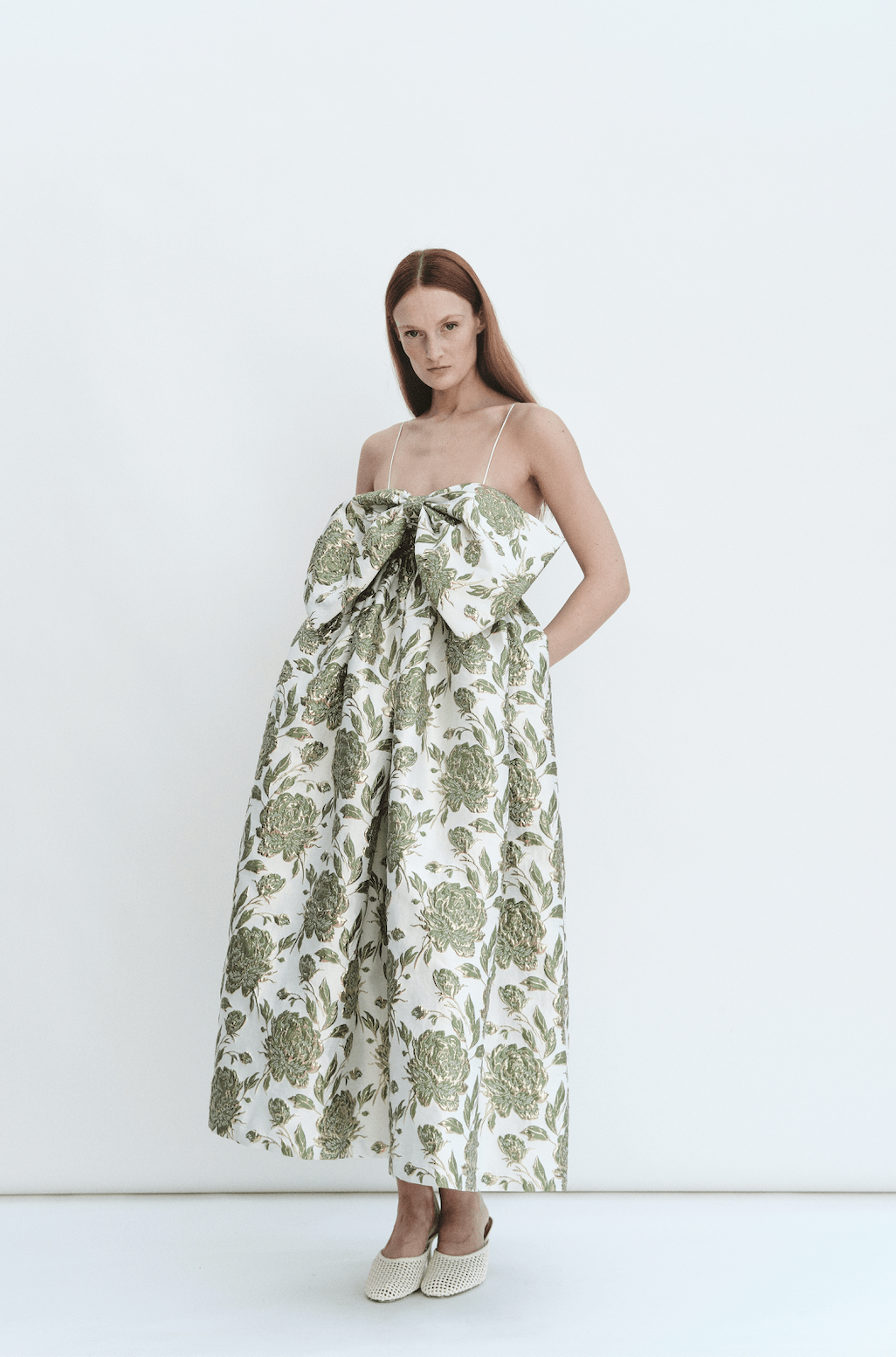 Madeline Marie Dress Bow Gown in Emerald Brocade