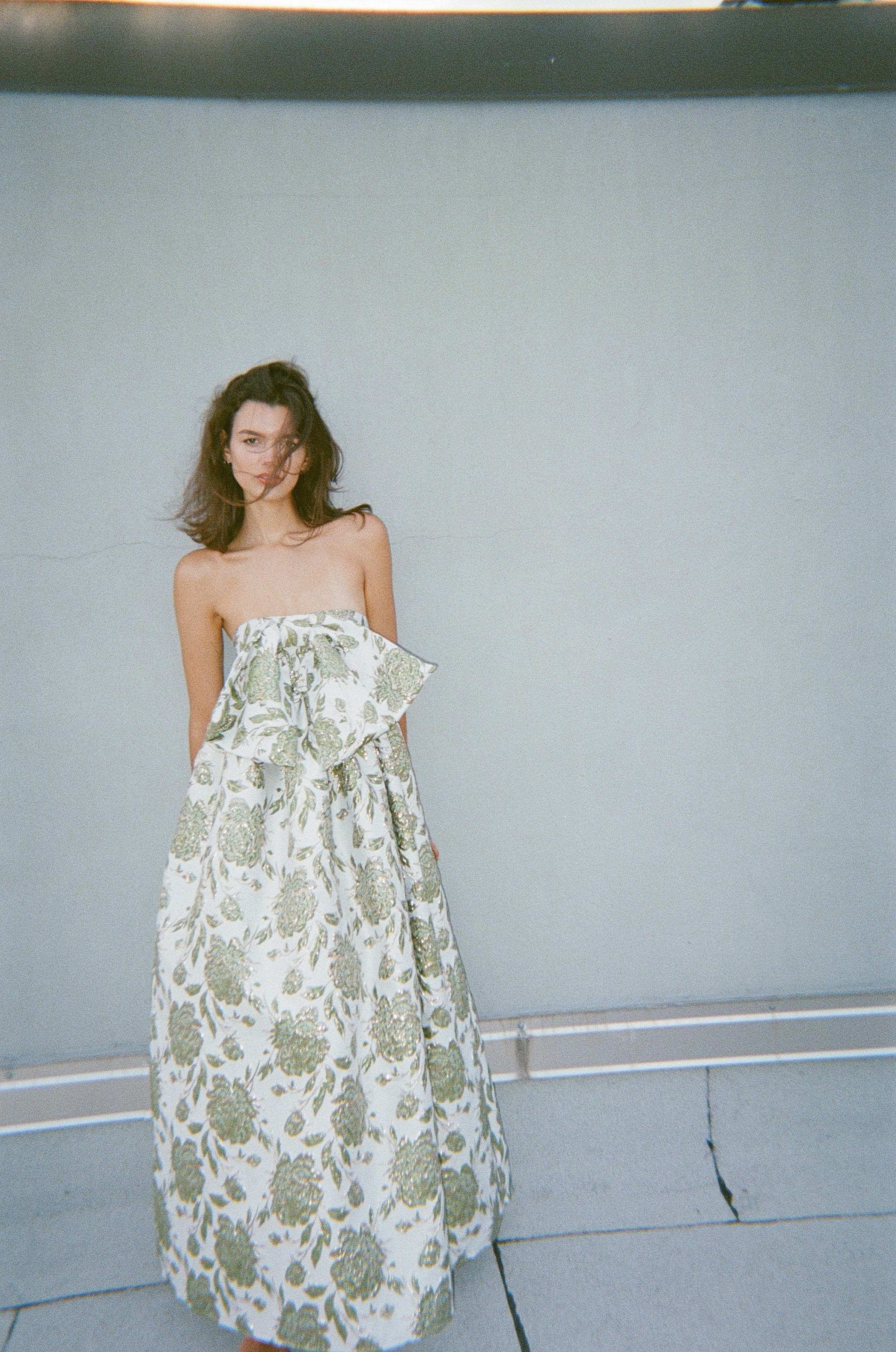 Madeline Marie Dress Bow Gown in Emerald Brocade