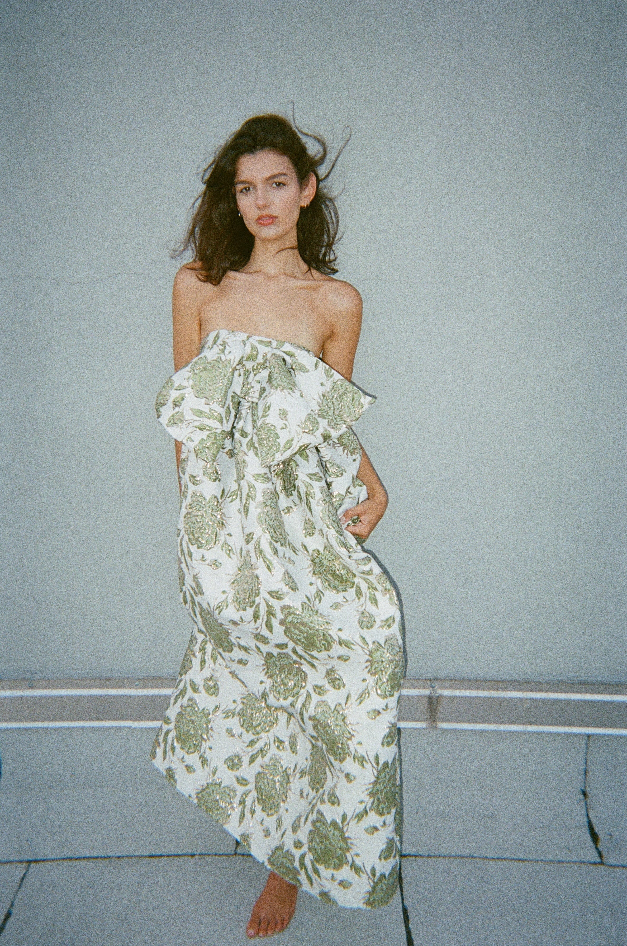 Madeline Marie Dress Bow Gown in Emerald Brocade