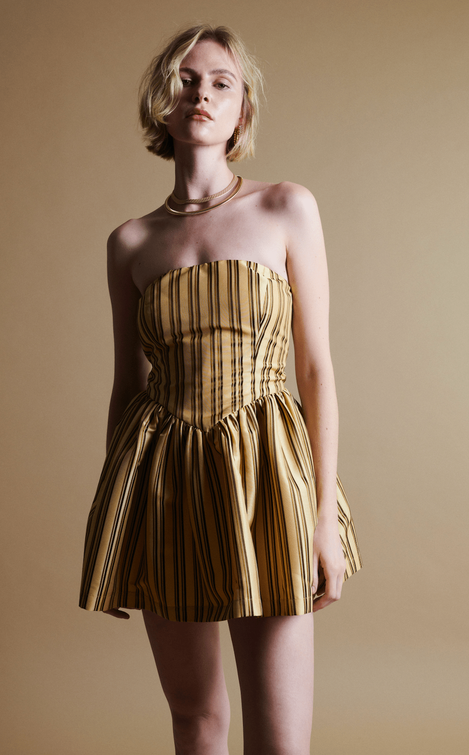 brown and cream striped dress Petal and Pup Women's Henry Striped Midi Dress