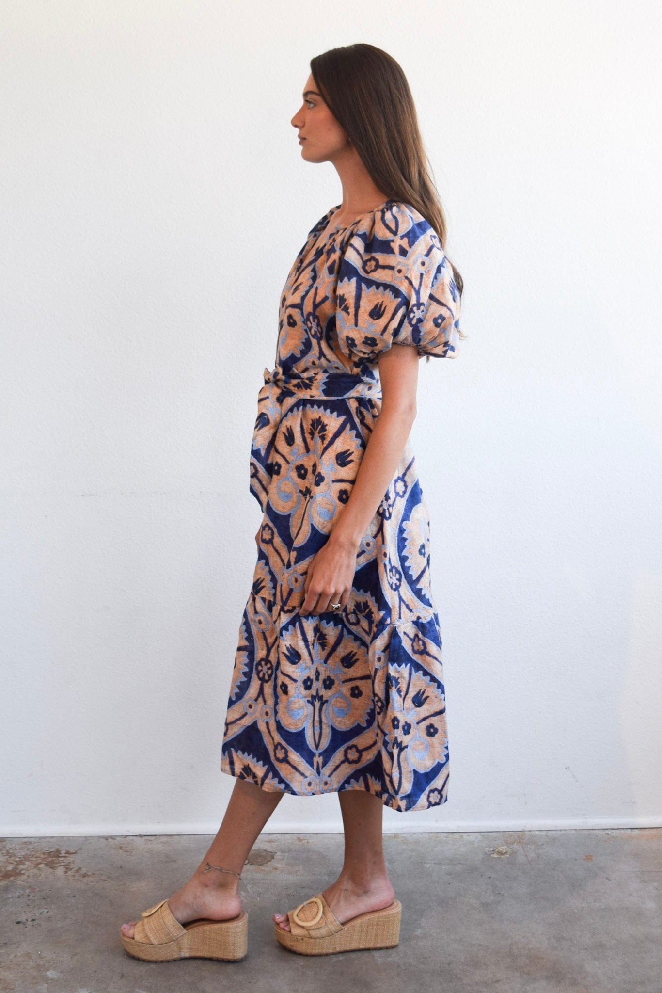 Never A Wallflower dress Ruffle Gathered V-Neck Dress Marakesh Medallion