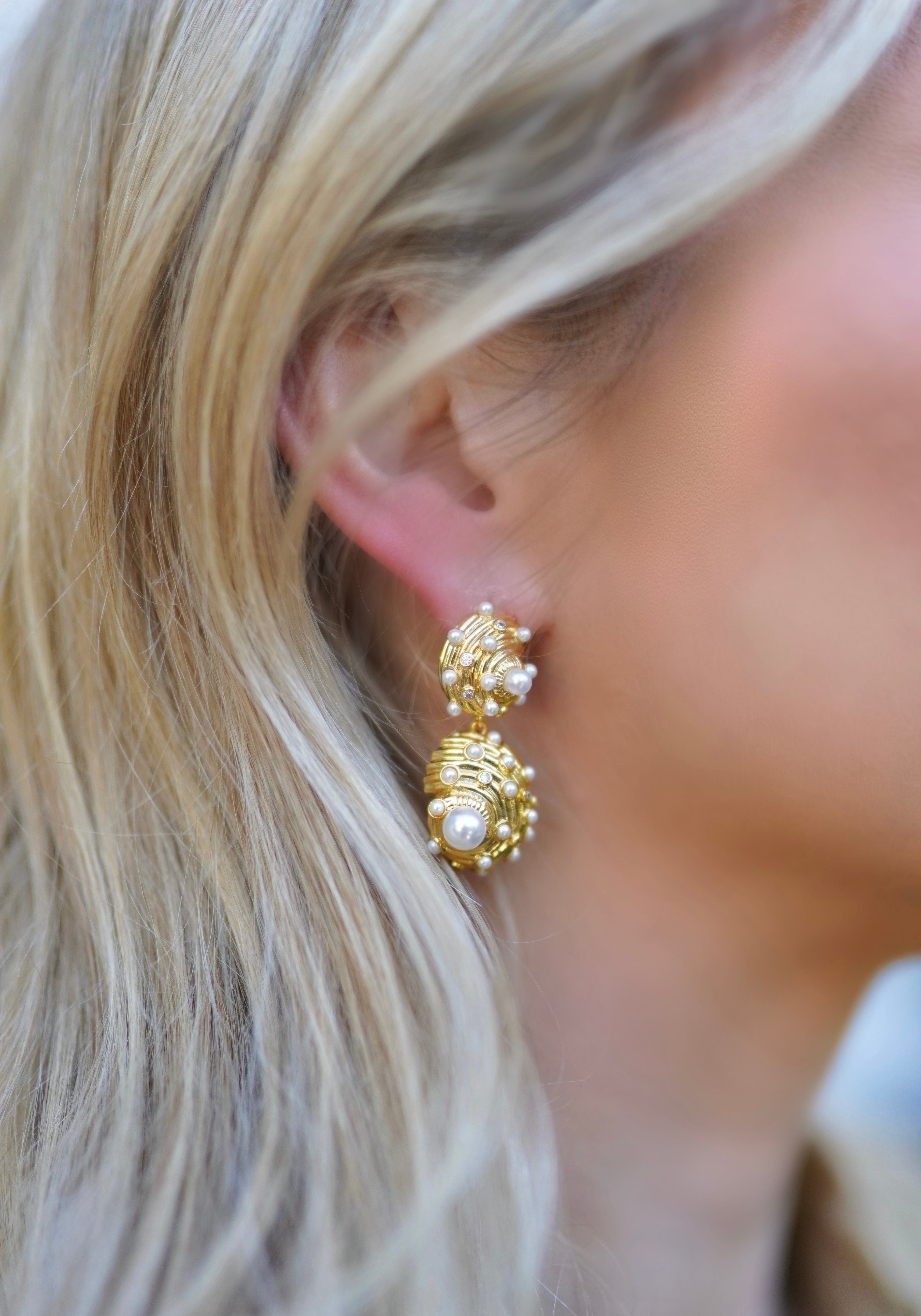 Nicola Bathie Jewelry Earrings Golden Embellished & Pearly Seashell Drop