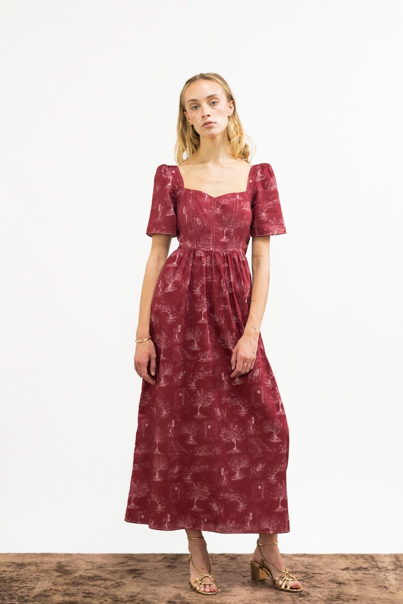 Onirik Dress Beatrice Maxi Dress with Sweetheart Neckline / Ruby Red + Alabaster Cotton Toile