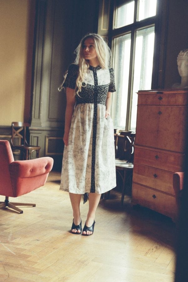 Clover Shirt Dress in Black Mini Floral + Vintage White Toile Print Cotton Voile Clover Shirt Dress in Black Mini Floral + Vintage White Toile Print Cotton Voile