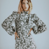 Onirik Dress Jane High Neck Empire Mini Dress / Forest Green and Milky White Floral Cotton