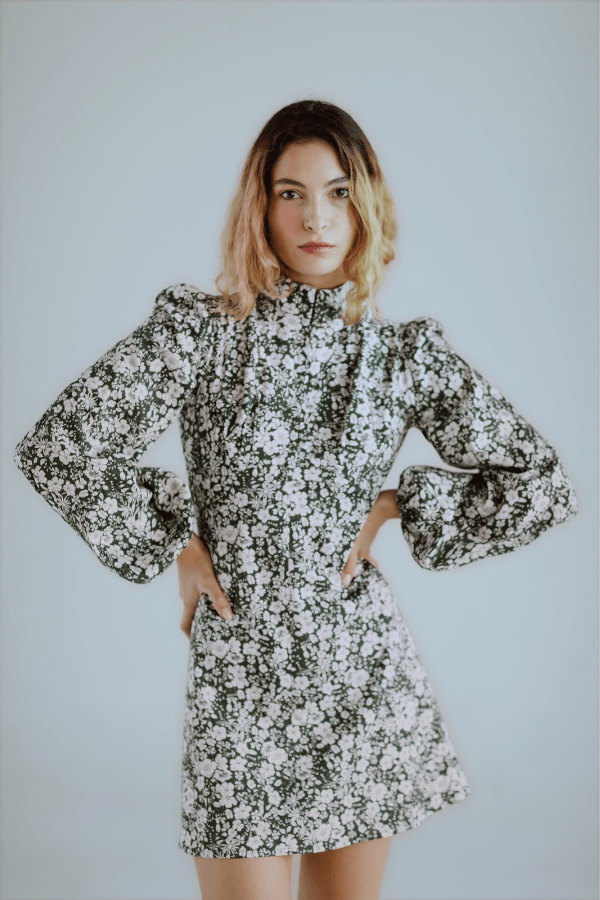 Onirik Dress Jane High Neck Empire Mini Dress / Forest Green and Milky White Floral Cotton