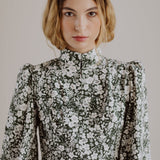 Onirik Dress Jane High Neck Empire Mini Dress / Forest Green and Milky White Floral Cotton