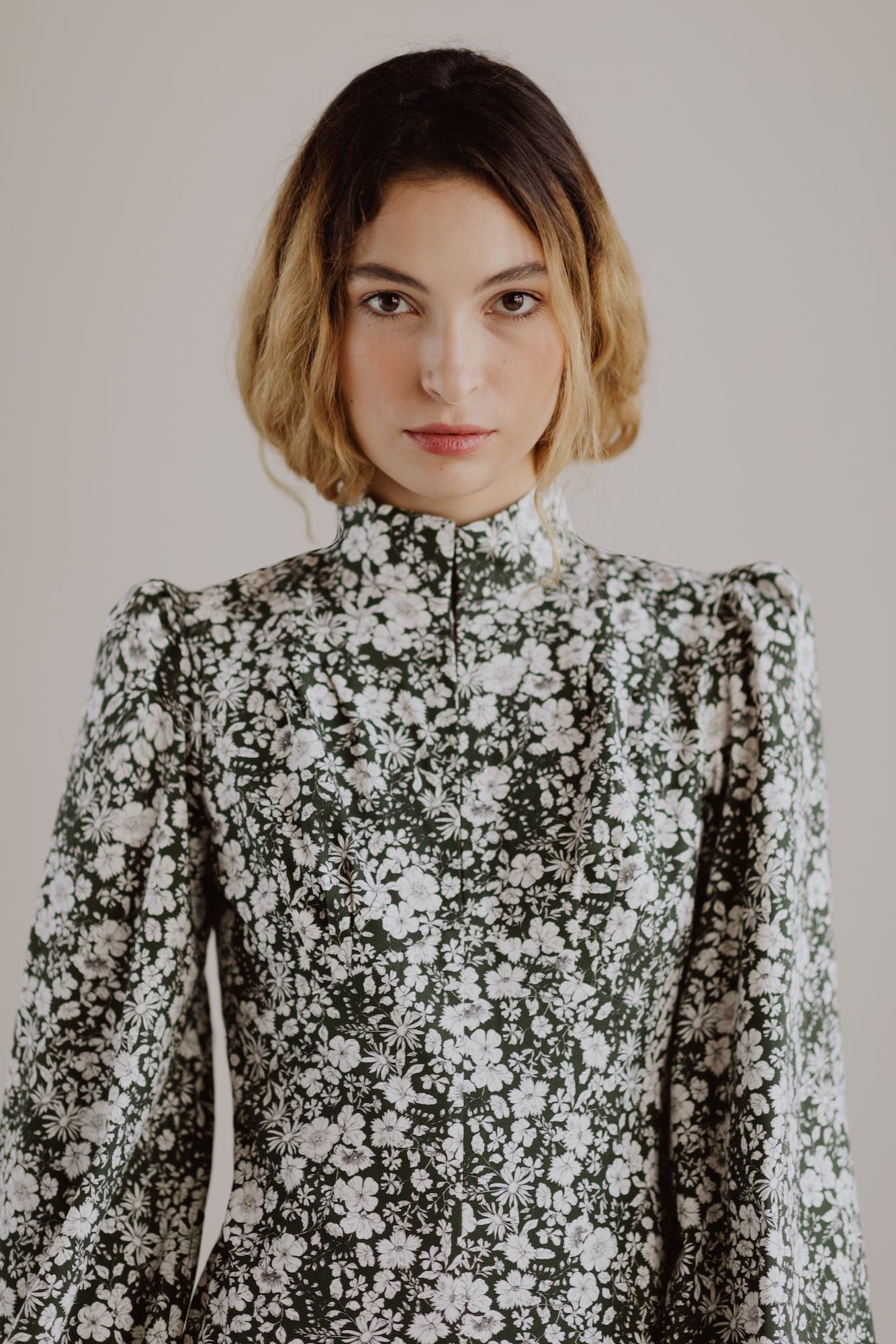 Onirik Dress Jane High Neck Empire Mini Dress / Forest Green and Milky White Floral Cotton