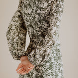 Onirik Dress Jane High Neck Empire Mini Dress / Forest Green and Milky White Floral Cotton