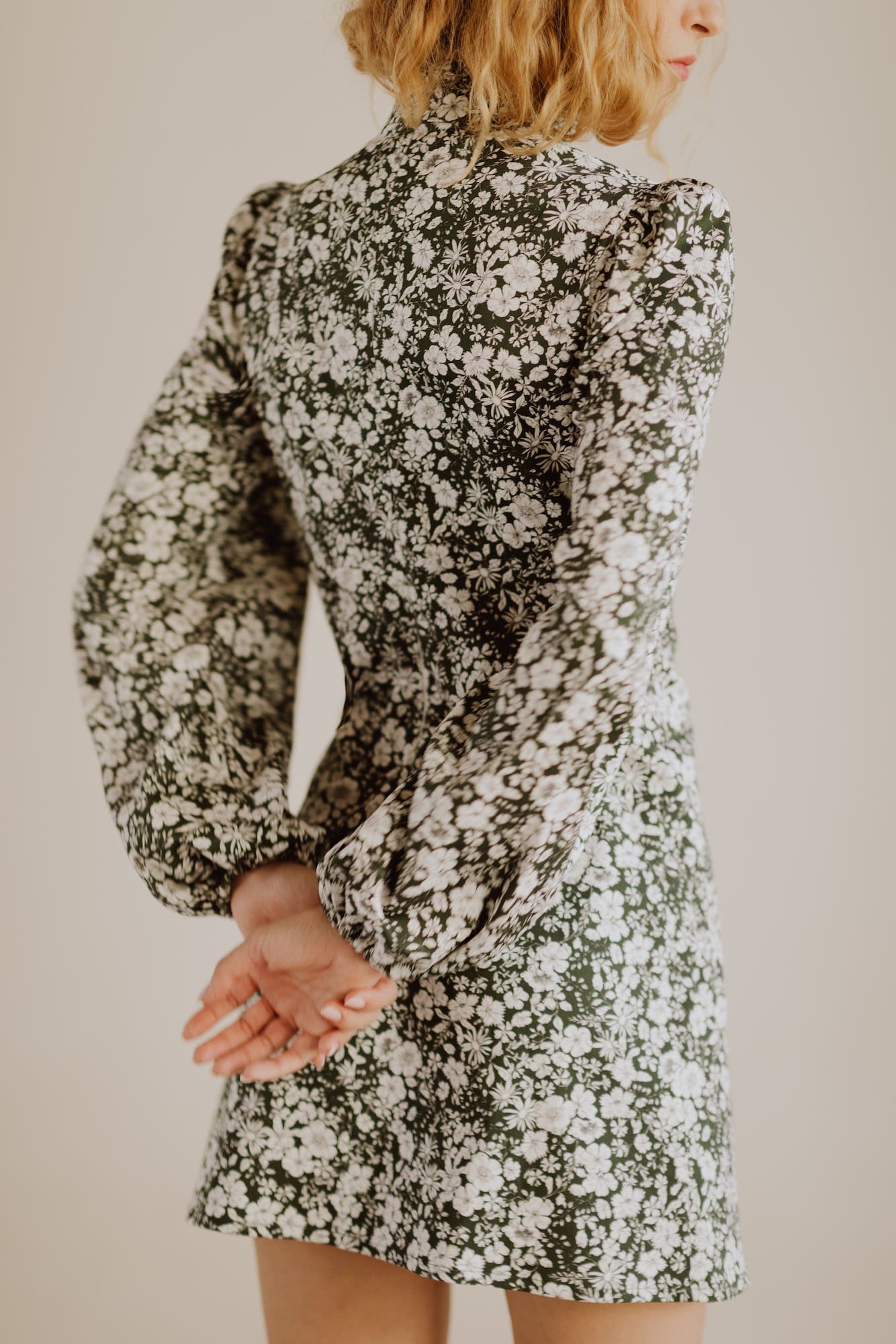 Onirik Dress Jane High Neck Empire Mini Dress / Forest Green and Milky White Floral Cotton