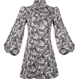 Onirik Dress Jane High Neck Empire Mini Dress / Forest Green and Milky White Floral Cotton