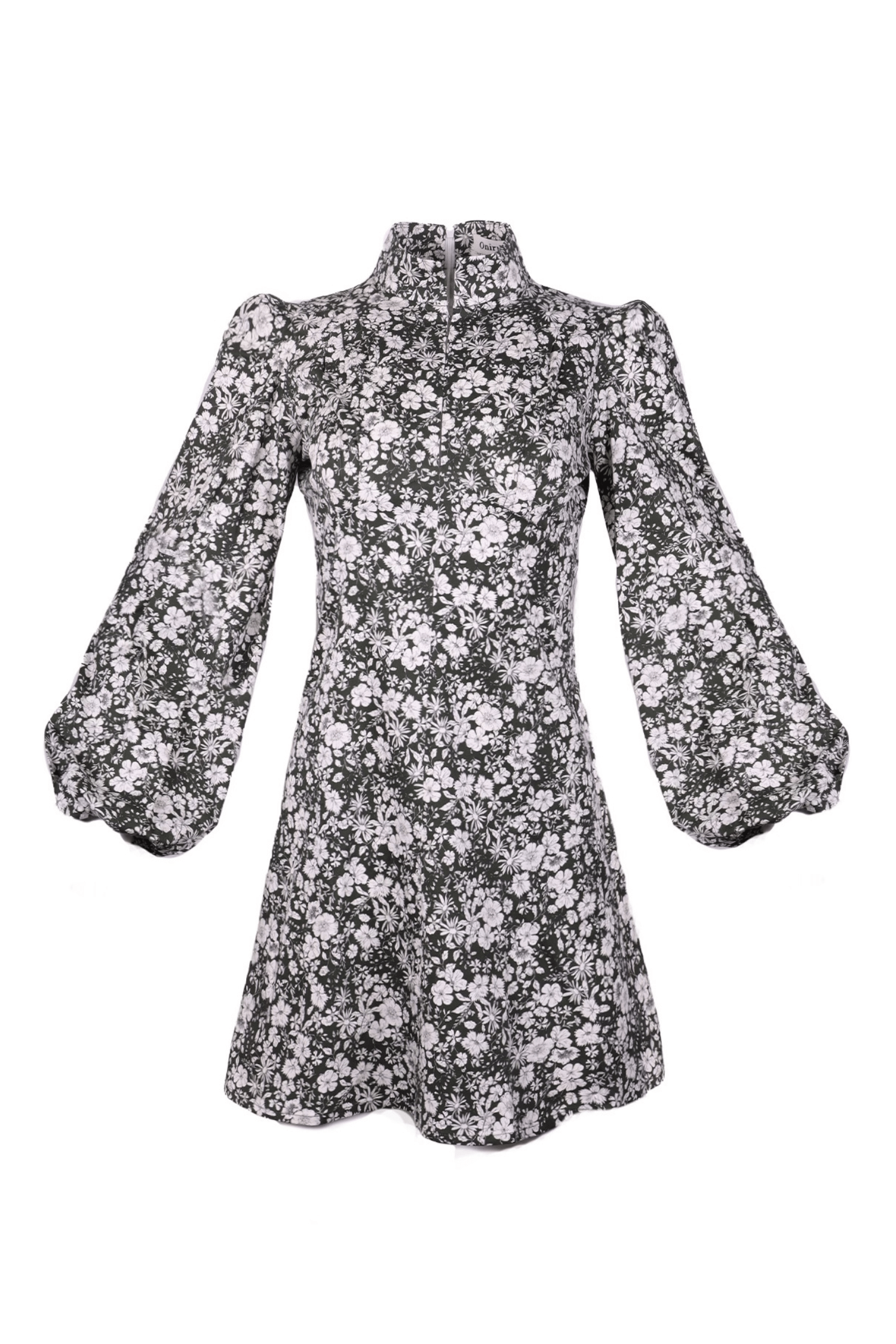 Onirik Dress Jane High Neck Empire Mini Dress / Forest Green and Milky White Floral Cotton