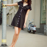 Onirik Dresses Gabi Short Dress / 100% Linen in Black with Shell Buttons