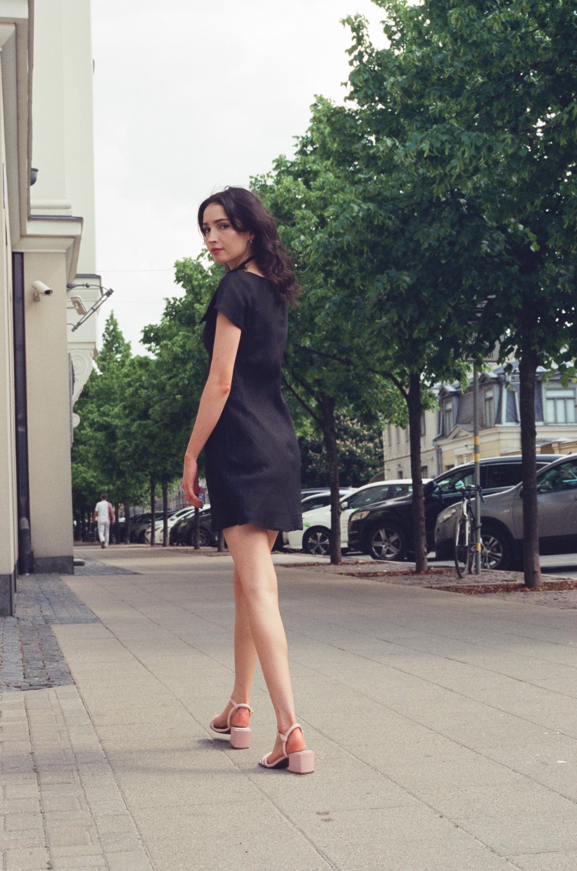 Onirik Dresses Gabi Short Dress / 100% Linen in Black with Shell Buttons