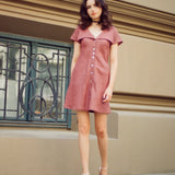 Onirik Dresses Gabi Short Dress / 100% Linen in Plum with Shell Buttons