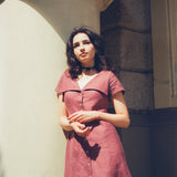 Onirik Dresses Gabi Short Dress / 100% Linen in Plum with Shell Buttons