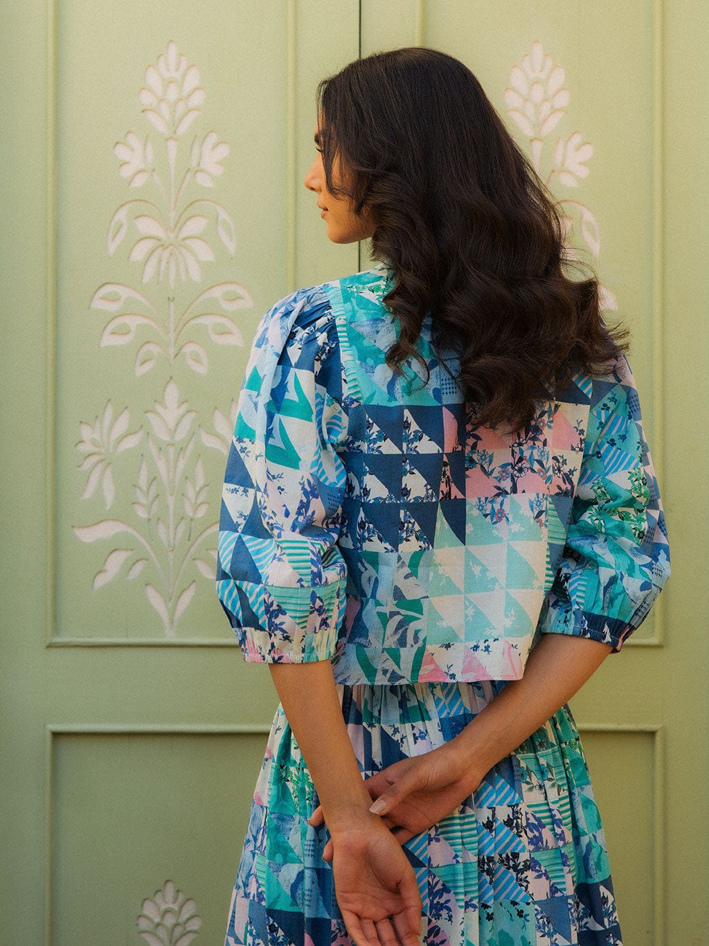 OPHELIA & INDIGO Blouse Mimi Top Green & Blue Geo