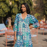 OPHELIA & INDIGO Dress Sybil Dress Green & Blue Geo