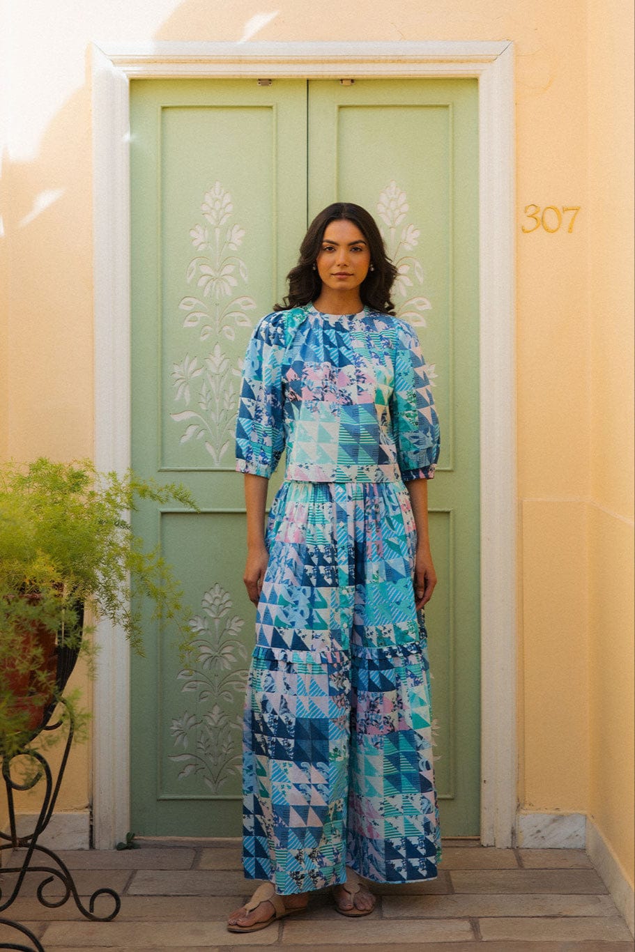 OPHELIA & INDIGO Skirt Mimi Skirt Green & Blue Geo