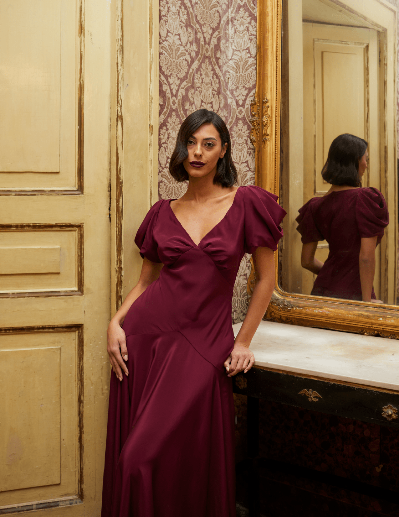 mulberry satin dress Sheer Chiffon Cowl Neck Satin Panel Gown
