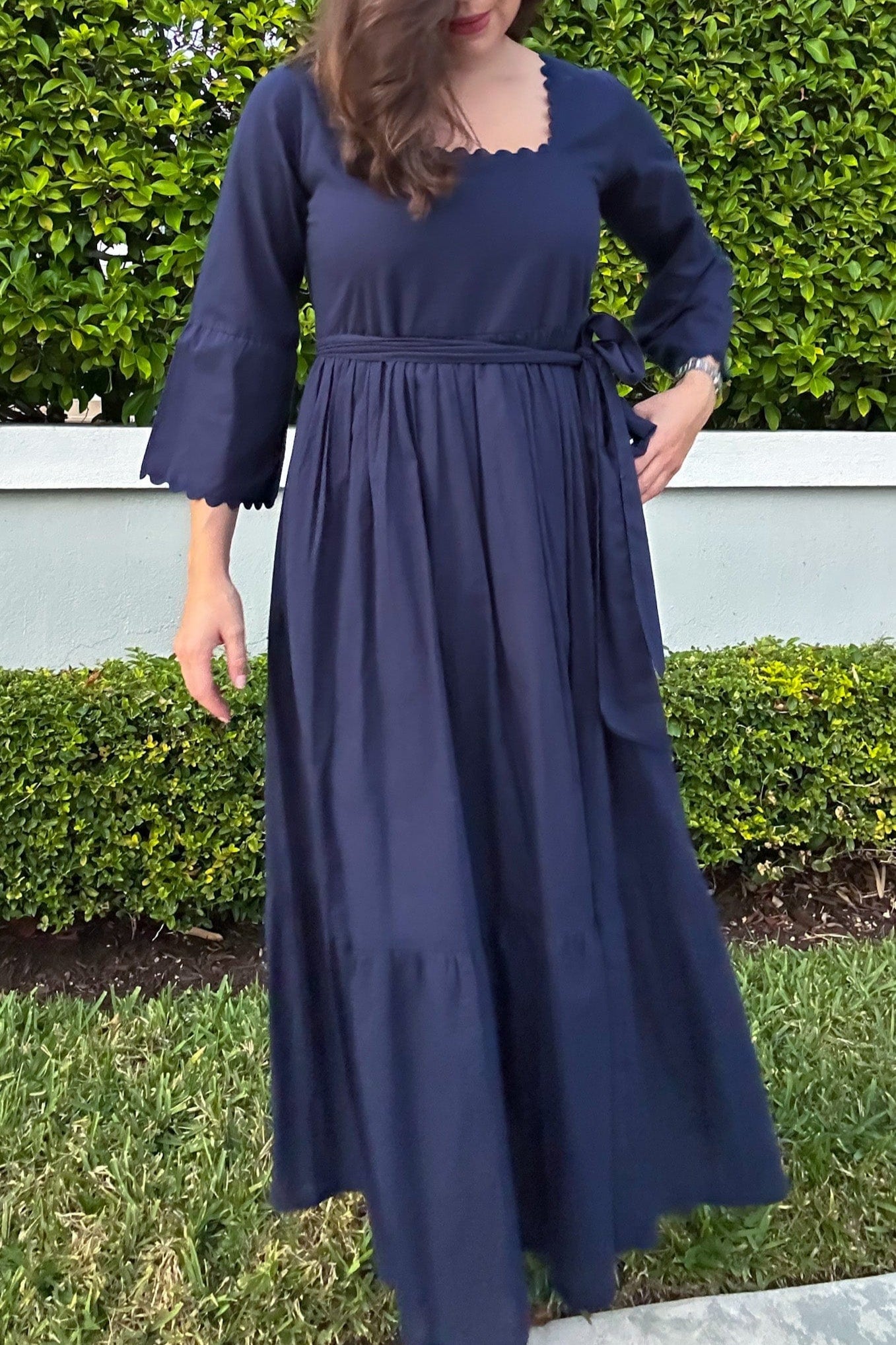 navy blue scalloped dress Scalloped Accent Trim Button Front Navy Dress