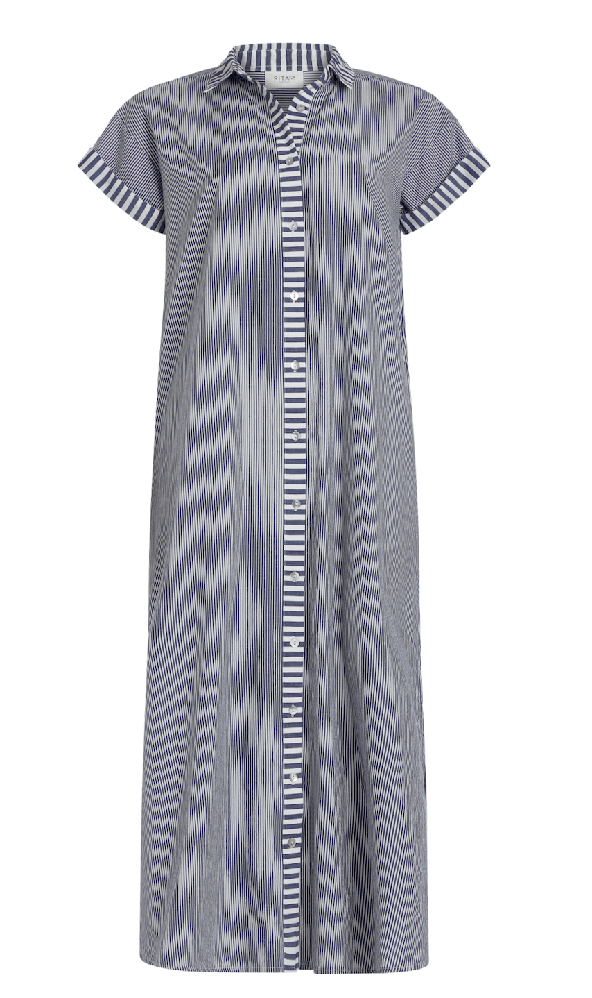 SITANO Dress Riga Short Sleeve Midi Dress - Navy Stripes