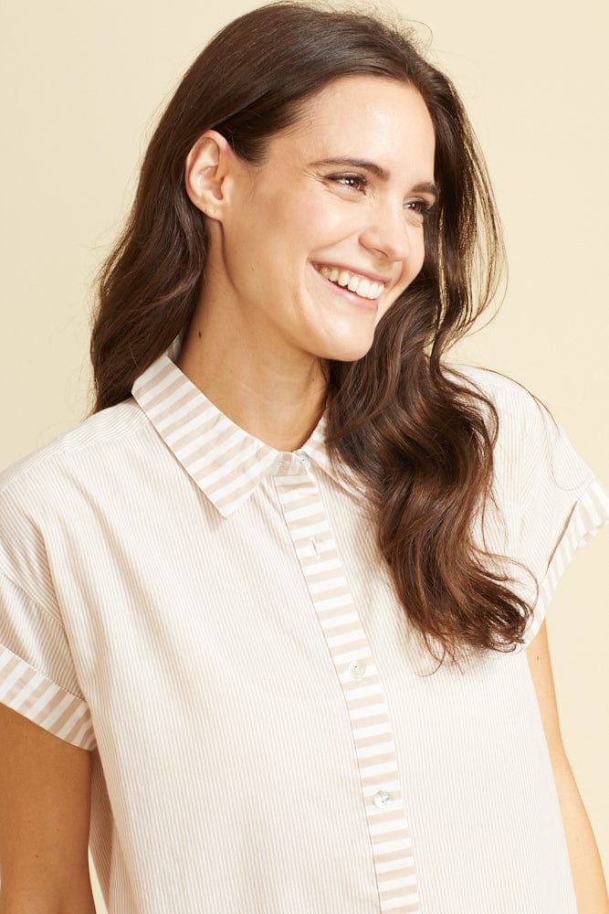 SITANO Dress Riga Short Sleeve Short Dress - Tan Stripes