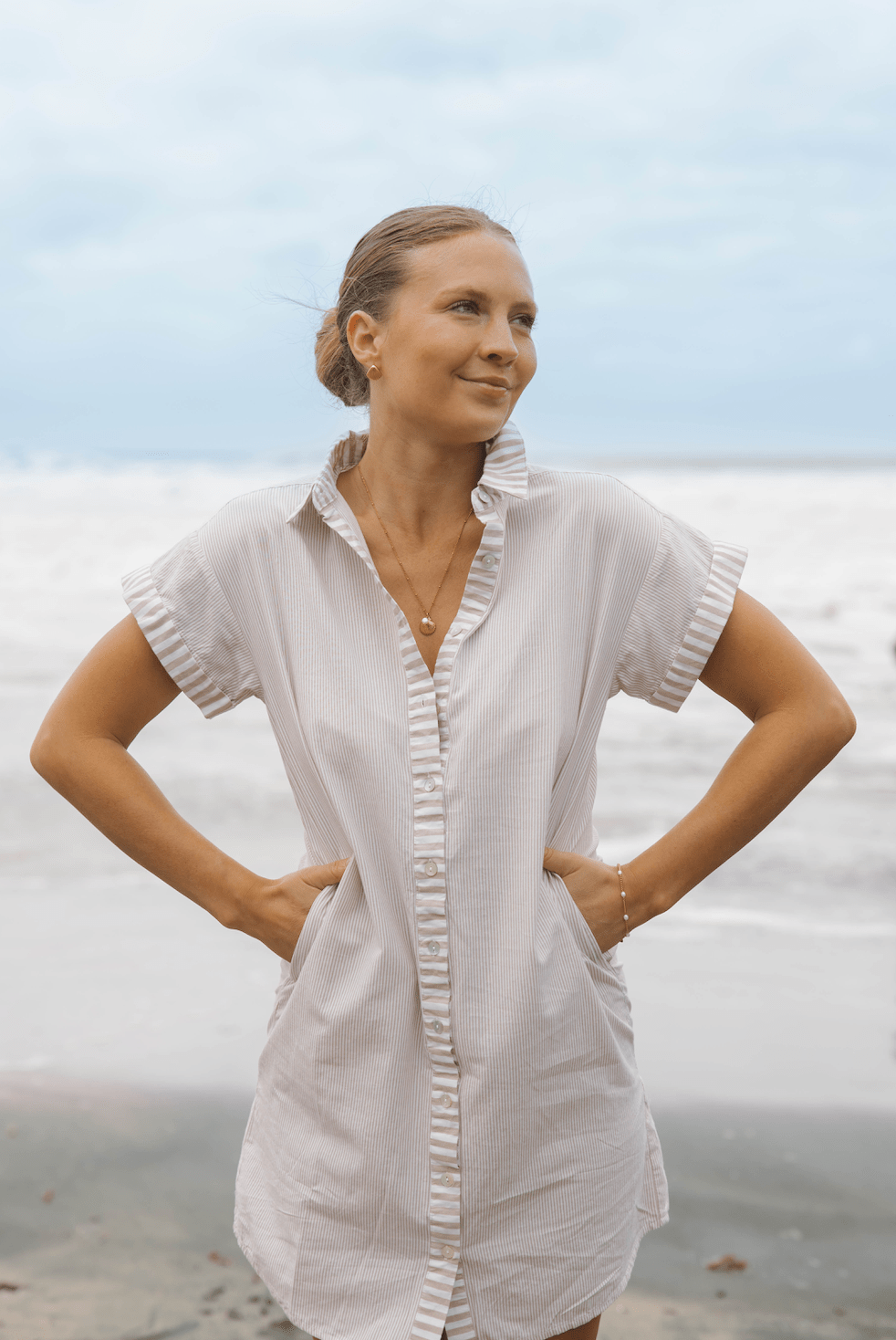 SITANO Dress Tan Stripes / XS Riga Short Sleeve Short Dress - Tan Stripes