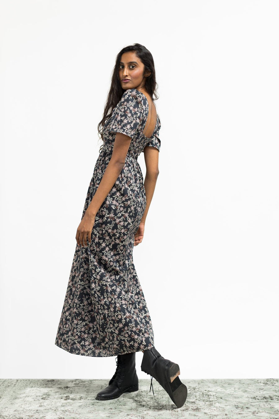 Beatrice Maxi Dress with Sweetheart Neckline / Black Floral Cotton