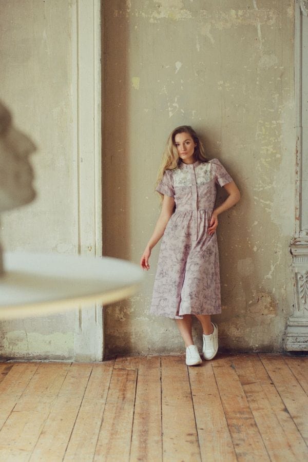 Clover Shirt Dress in Lilac + Vintage White Toile Print Cotton Voile
