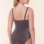 Back view of Andie Swim's Lipari One Piece in Glitter Cascade, featuring shimmering fabric and supportive straps