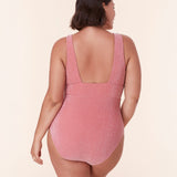 Back view of The Mykonos One Piece in Shell Glitter by Andie Swim, highlighting thick straps, a square backline, and full seat coverage.