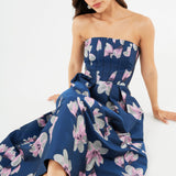 Catherine Dress Blue Plumeria Jacquard